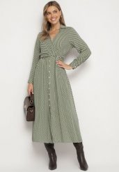 Zielona Wiskozowa Sukienka w Pepitkę z Kopertowym Dekoltem i Gumkami w Pasie Vaivira. Zielone sukienki damskie Born2be, na co dzień, l, z aplikacjami, z jeansu, eleganckie, bez kołnierzyka, bez ramiączek, maxi, kopertowe. Za 109.99 zł.