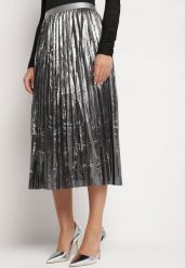 Srebrna Spódnica Plisowana z Gumką w Talii Zdobiona Metaliczną Nicią Rinmira. Szare spódnice damskie Born2be, m, z aplikacjami, eleganckie, midi, dopasowane. Za 84.99 zł.