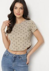 Ciemnobeżowy Bawełniany T-shirt z Brokatem Olinithra. Brązowe bluzki damskie Born2be, m, z aplikacjami, z bawełny, glamour, bez kołnierzyka. Za 34.99 zł.