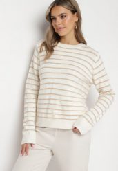 Beżowy Sweter w Paski z Cekinami i Metaliczną Nicią Iritalle. Brązowe swetry damskie Born2be, na zimę, bez wzorów, bez kołnierzyka, bez ramiączek, bez kaptura. Za 89.99 zł.