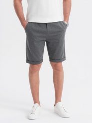 Męskie krótkie spodenki na gumce ze strukturalnej dzianiny – grafitowe V3 OM-SRCS-0177 - XXL. Szare szorty męskie Ombre Clothing, l, bez wzorów, z bawełny, casualowe. W wyprzedaży za 109.99 zł.