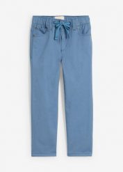 Bawełniane spodnie z gumką w talii regular fit, prosta nogawka. Niebieskie spodnie materiałowe dla chłopców bonprix, bez wzorów, z bawełny. Za 64.99 zł.