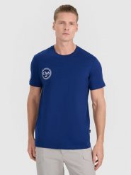 4F T-shirt regular z nadrukiem męski - granatowy S. Niebieskie koszulki sportowe męskie 4f, m, bez wzorów, z bawełny, klasyczne, bez kołnierzyka. Za 49.99 zł.