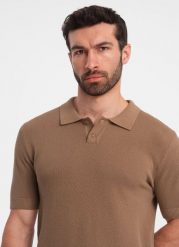 Ombre Koszulka męska polo ze strukturalnej dzianiny - jasnobrązowa V3 OM-POSS-0117 S. Brązowe koszulki polo męskie Ombre, m, bez wzorów, z dzianiny, bez ramiączek. Za 69.99 zł.