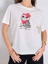 Bawełniana koszulka z nadrukiem kota - kremowy. Białe t-shirty damskie Sinsay, l, bez wzorów, z bawełny, marine, bez kołnierzyka. W wyprzedaży za 13.99 zł.