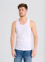 Tank top - biały. Białe t-shirty męskie Sinsay, l, bez wzorów, bez kołnierzyka. Za 9.99 zł.
