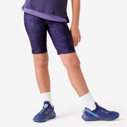 Legginsy dziecięce krótkie. Fioletowe legginsy dla dziewczynek Decathlon, bez wzorów, z elastanu, sportowe. Za 44.99 zł.