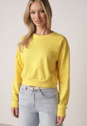 Żółta Bluza z Dodatkiem Bawełny Wykończona Ściągaczami Evilaya. Żółte bluzy damskie Born2be, l, bez wzorów, z bawełny, bez kaptura. Za 39.99 zł.