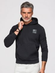 Męska bluza kangurka z kapturem i logotypem – czarna V1 - Rozmiar: L. Czarne bluzy męskie Ombre Clothing, l, bez wzorów, z bawełny, z kapturem. W wyprzedaży za 69.99 zł.