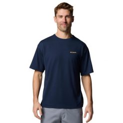 T-shirt sportowy z krótkim rękawem męski Cedar Trail Back Graphic Tee. Niebieskie t-shirty męskie Columbia, l, bez wzorów, z elastanu, sportowe, bez kołnierzyka. Za 119.99 zł.