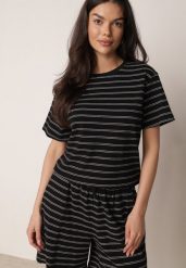 Czarny Bawełniany T-shirt w Poziome Paski Rive. Czarne bluzki damskie Born2be, l, bez wzorów, z bawełny, klasyczne, bez kołnierzyka, bez ramiączek. Za 59.99 zł.