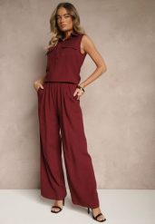 Bordowy Wiskozowy Komplet Bluzka z Kołnierzykiem i Spodnie o Szerokim Kroju Efavina. Czerwone bluzki damskie Renee, m, bez wzorów, z bawełny, eleganckie, bez kołnierzyka, bez ramiączek. Za 179.99 zł.