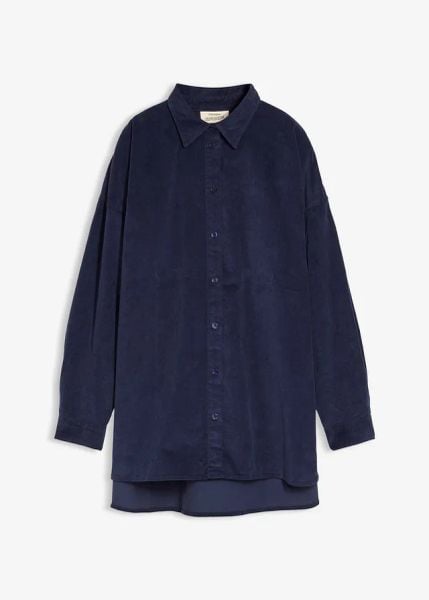 Koszula sztruksowa oversize. Niebieskie koszule damskie bonprix, bez wzorów, z bawełny, bez kołnierzyka, bez ramiączek. Za 129.99 zł.