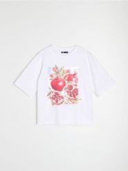 Bawełniana koszulka z motywem owoców granatu - biały. Białe t-shirty damskie Sinsay, l, bez wzorów, z bawełny, bez kołnierzyka. Za 25.99 zł.