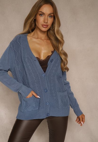 Niebieski Kardigan z Bawełną i Tłoczonym Wzorem Reisina. Niebieskie swetry dla dziewczynek Renee, bez wzorów, z bawełny, eleganckie, bez kołnierzyka, bez ramiączek, bez kaptura. Za 79.99 zł.
