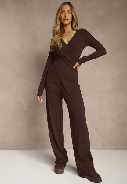 Brązowy Komplet z Bawełny Kopertowa Bluzka Longsleeve i Szerokie Spodnie Amaferia. Brązowe bluzki damskie Renee, l, bez wzorów, z bawełny. Za 179.99 zł.