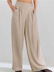Spodnie wide leg z zakładkami - beżowy. Brązowe spodnie materiałowe damskie Sinsay, l, bez wzorów. W wyprzedaży za 33.99 zł.