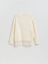 Sweter z wełną - kremowy. Białe swetry damskie Reserved, l, bez wzorów, z dzianiny, bez kołnierzyka, bez ramiączek, bez kaptura. Za 159.99 zł.