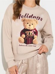 Bluza crewneck z motywem świątecznym - beżowy. Brązowe bluzy damskie Sinsay, l, bez wzorów, bez kaptura. Za 39.99 zł.