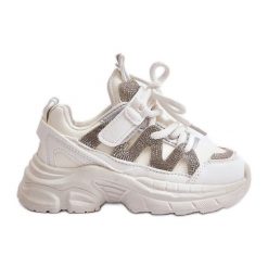 Sneakersy Dziecięce Z Cyrkoniami Białe Rianalla. Białe buty sportowe dziewczęce bez wzorów, z materiału, bez zapięcia, trekkingowe. Za 159.39 zł.