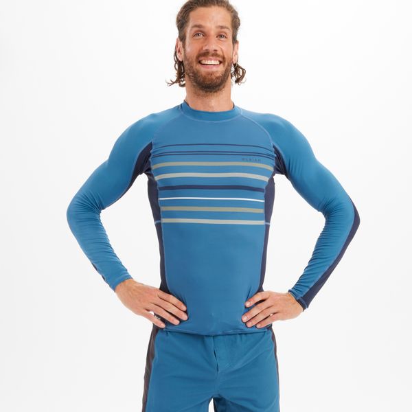 Top UV surfingowy męski Olaian 500 Stripy długi rękaw. Niebieskie koszulki sportowe męskie OLAIAN, m, bez wzorów, z elastanu, bez kołnierzyka, bez ramiączek. W wyprzedaży za 54.99 zł.