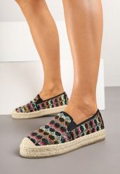 Czarne Espadryle Ozdobione Metaliczną Nitką na Podeszwie z Plecionki Raslira. Czarne espadryle damskie Renee, bez wzorów, bez obcasa, bez zapięcia. Za 59.99 zł.