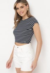 Granatowo-Biały Bawełniany T-shirt Prążkowany o Krótkim Kroju Quedara. Niebieskie bluzki damskie Born2be, m, bez wzorów, z bawełny, bez kołnierzyka. Za 34.99 zł.