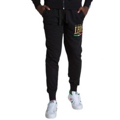 Męskie spodnie dresowe w kolorze złotym. Czarne buty sportowe męskie LEONE 1947 APPAREL, l, bez wzorów, z dresówki, na fitness i siłownię. Za 131.35 zł.
