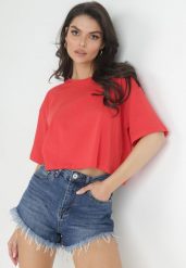 Czerwony Krótki T-shirt z Gładkiej Dzianiny Alinthea. Czerwone bluzki damskie Born2be, xl, bez wzorów, z dzianiny, bez kołnierzyka. Za 29.99 zł.