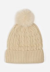 Beżowa Czapka w Warkoczowy Splot z Pomponem Vetisare. Brązowe czapki i kapelusze damskie Born2be, bez wzorów, z dzianiny. Za 34.99 zł.