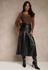 Czarna Plisowana Spódnica z Imitacji Skóry o Rozkloszowanym Kroju Tusdera. Czarne spódniczki dla dziewczynek Renee, bez wzorów, ze skóry, midi. Za 169.99 zł.