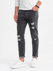 Washowane męskie spodnie jeansowe TAPERED FIT z przetarciami grafitowe V3 OM-PADP-0163 XL. Szare spodnie sportowe męskie Ombre, m, bez wzorów, z jeansu. Za 287.44 zł.