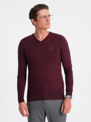 Sweter męski elegancki BASIC V-neck z wiskozą – bordowy V13 OM-SWBS-0107 - XXL. Czerwone swetry przez głowę męskie Ombre Clothing, l, bez wzorów, z wiskozy, bez kołnierzyka. W wyprzedaży za 89.99 zł.