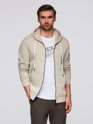 Bluza męska dresowa BASIC rozpinana z kapturem - jasnobeżowa V1 - Rozmiar: XL. Brązowe bluzy męskie Ombre Clothing, m, z aplikacjami, z bawełny, z kapturem. Za 209.99 zł.