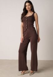 Brązowy Dzianinowy Komplet z Wiskozą Spodnie i Bluzka na Ramiączkach Merissani. Brązowe bluzki damskie Born2be, m, bez wzorów, z dzianiny, biznesowe, bez kołnierzyka, bez ramiączek. Za 139.99 zł.