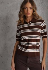 Brązowy T-shirt Polo z Wiskozą w Paski z Guzikami Vevevia. Brązowe koszule damskie Renee, m, bez wzorów, z jeansu, sportowe, bez kołnierzyka, bez ramiączek. Za 119.99 zł.