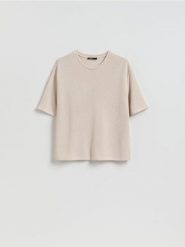 T-shirt z wiskozą - beżowy. Brązowe t-shirty damskie Reserved, l, bez wzorów, z dzianiny, bez kołnierzyka. Za 59.99 zł.