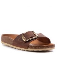 Birkenstock Klapki Madrid Big Buckle 1006525 Brązowy. Brązowe klapki damskie Birkenstock, bez wzorów, z nubiku, bez obcasa. Za 589.99 zł.
