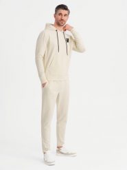 Męski komplet dresowy bluza z kapturem + spodnie dresowe - kremowy V2. Białe bluzy męskie Ombre Clothing, m, bez wzorów, z bawełny, z kapturem. Za 399.99 zł.