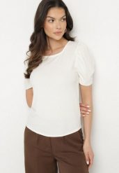 Beżowy Prążkowany T-shirt z Zakładkami przy Rękawach Kolanovia. Brązowe bluzki damskie Born2be, l, bez wzorów, z jeansu, bez kołnierzyka. Za 34.99 zł.