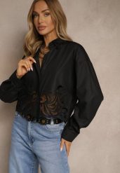 Czarna Koszula Oversize z Wiskozą o Krótkim Kroju z Ażurowymi Zdobieniami Dorbia. Czarne bluzki damskie Renee, l, z aplikacjami, z moheru, eleganckie, bez kołnierzyka, bez ramiączek. Za 79.99 zł.