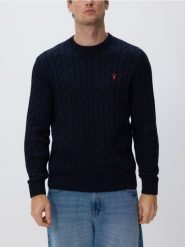 Sweter z warkoczowym splotem - granatowy. Niebieskie swetry przez głowę męskie Reserved, l, bez wzorów, z bawełny, bez kołnierzyka. Za 139.99 zł.