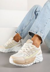 Beżowe Sneakersy Streetwearowe na Tłoczonej Platformie Tertewia. Brązowe obuwie sportowe damskie Renee, bez wzorów, z jeansu. Za 99.99 zł.