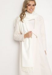 Biały Szalik z Bawełną i Wiskozą Ozdobiony Frędzlami Siadortia. Białe szaliki i chusty damskie Born2be, bez wzorów, z bawełny, biznesowe. Za 44.99 zł.