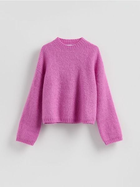Sweter z wełną - fuksja. Czerwone swetry damskie Reserved, l, bez wzorów, z dzianiny, bez kołnierzyka, bez ramiączek, bez kaptura. Za 259.99 zł.
