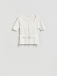 Sweter z paskiem - złamana biel. Swetry damskie Reserved, l, bez wzorów, z dzianiny, bez kołnierzyka, bez ramiączek, bez kaptura. Za 119.99 zł.