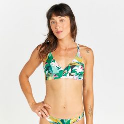 Góra kostiumu kąpielowego surfingowego damska Olaian Bea Tropical. Zielone bikini damskie OLAIAN, bez wzorów. W wyprzedaży za 49.99 zł.