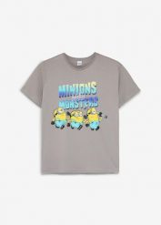 T-shirt z czystej bawełny z motywem Minionka. Szare koszule dla chłopców bonprix, bez wzorów, z bawełny, bez kołnierzyka, bez ramiączek. Za 64.99 zł.