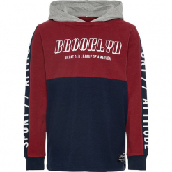 Bluza "Rasmus" w kolorze granatowo-czerwonym. Czerwone bluzy dla chłopców Name it Kids, z nadrukiem, z bawełny. W wyprzedaży za 59.95 zł.