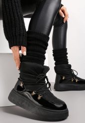 Czarne Wsuwane Śniegowce Ocieplone z Ozdobnym Wiązaniem Wokół Cholewki na Platformie Bebrra. Czarne śniegowce i trapery damskie Renee. Za 69.99 zł.